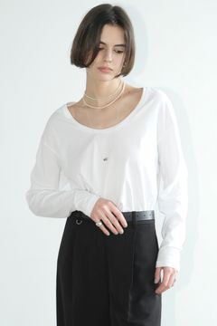 Uネックロングスリーブカットソー -  DEEP U NECK TOPS - WHITE