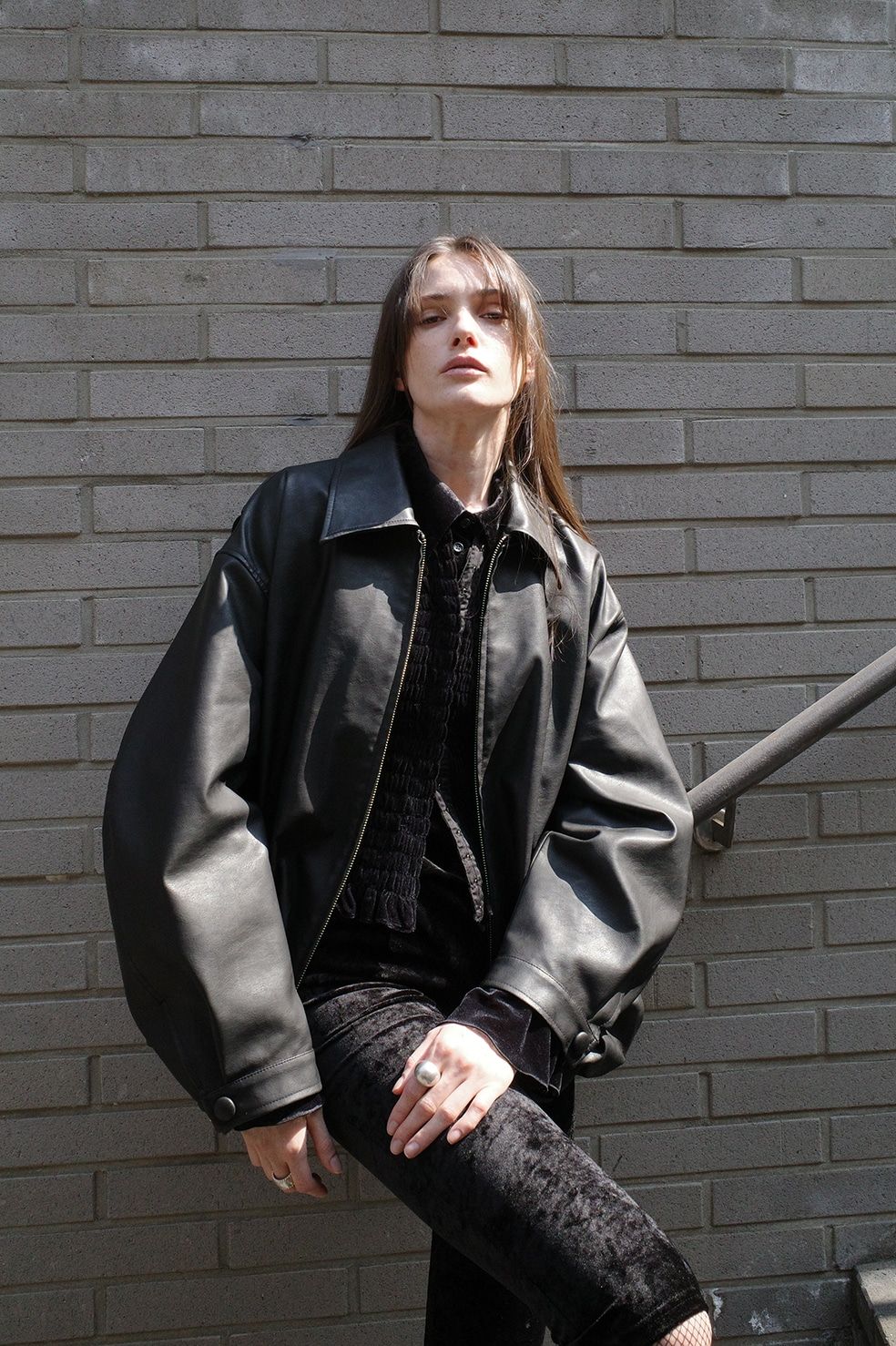フェイクレザーバルーンジャケット - FAKE LEATHER BALLOON JACKET BLACK
