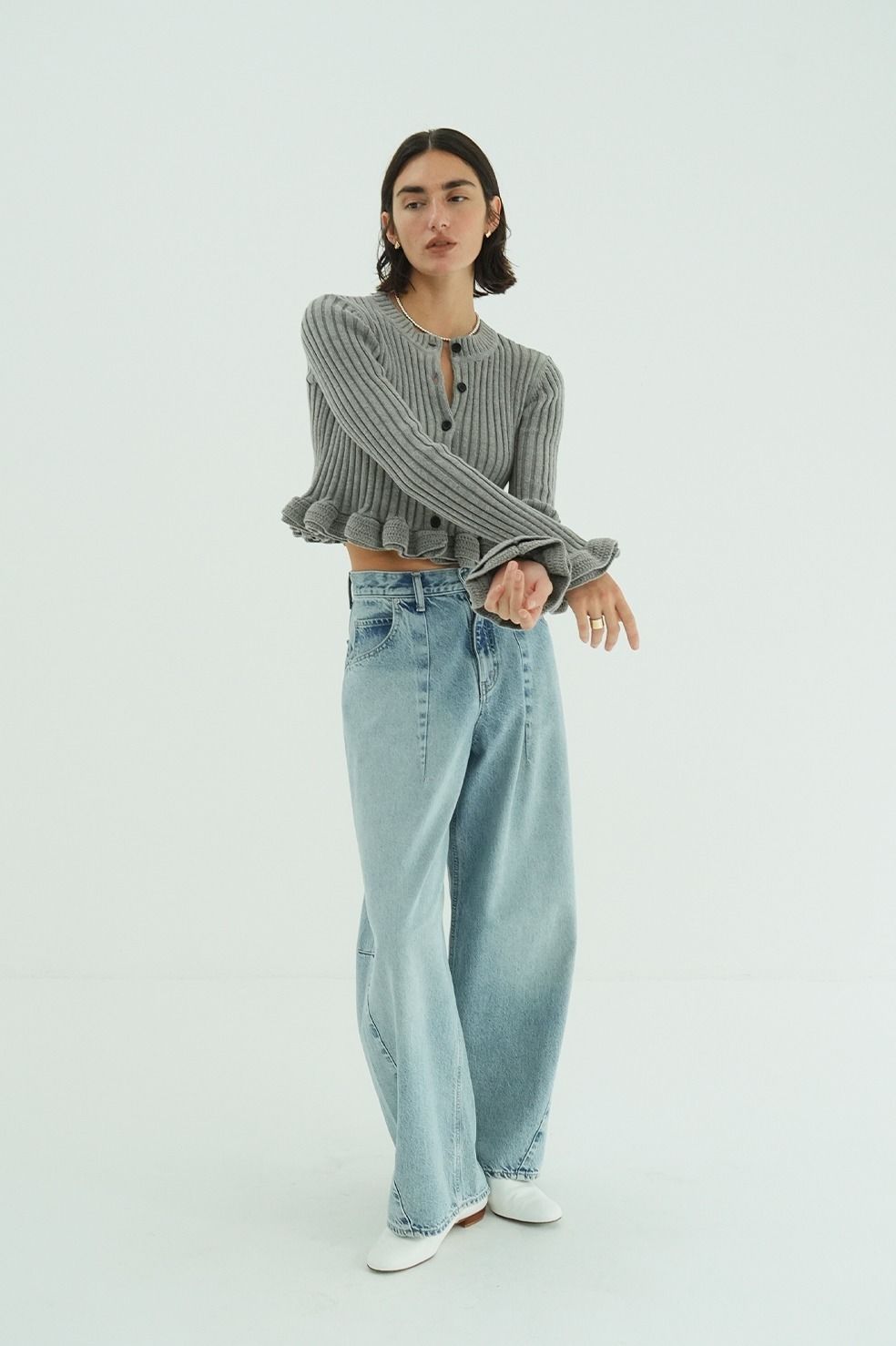 ダブルフェイス フリルド ニットトップス - W FACE SHORT FRILLED KNIT TOPS (GREY)