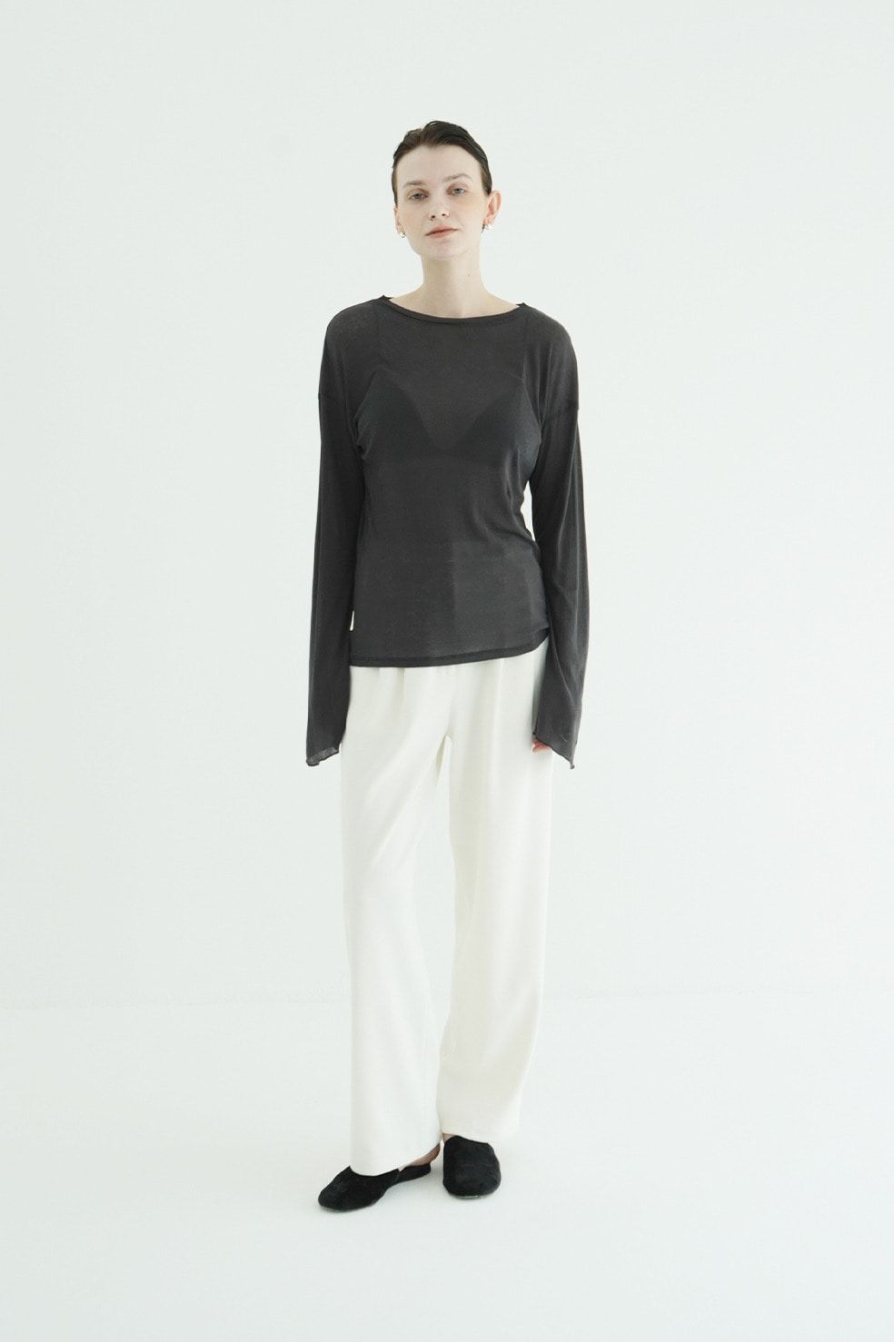 シアールーズロンティー - SHEER LOOSE CUT TOPS (CHARCOAL GRAY)