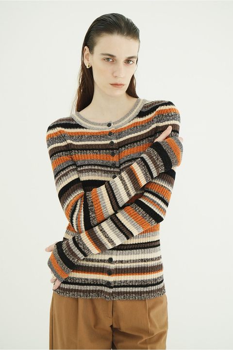マルチボーダーニットカーディガン - MULTI BORDER BUTTON DETAIL KNIT CARDIGAN (ORANGE)