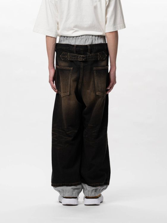 スウェットパンツ コンバインドデニムパンツ - Sweat Pants Combined Denim Pants (BLACK)