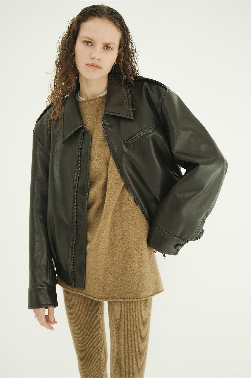 バルキーラインシングルレザージャケット - BULKY LINE SINGLE LEATHER JACKET (BROWN)