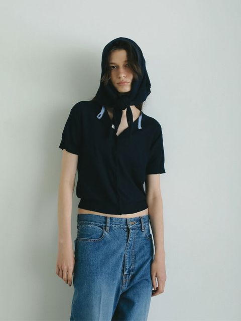 ハーフスリーブブークレニットカーディガン - NAVY