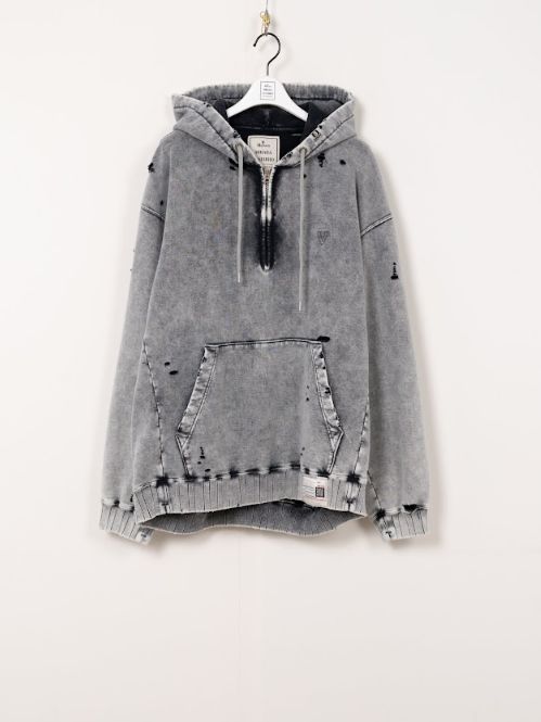 ブリーチドハーフジップフーディ - Bleached Half Zip Hoodie (GREY)
