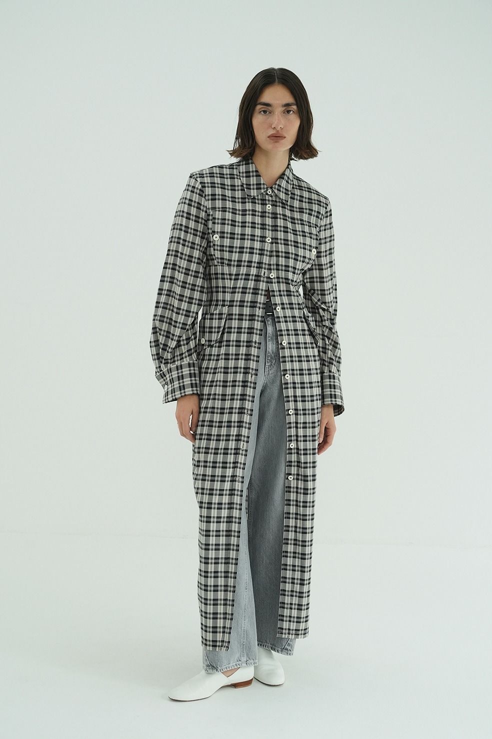 チェックシャツワンピース - UP POCKET CHECK SHIRT ONEPIECE (BLACK)