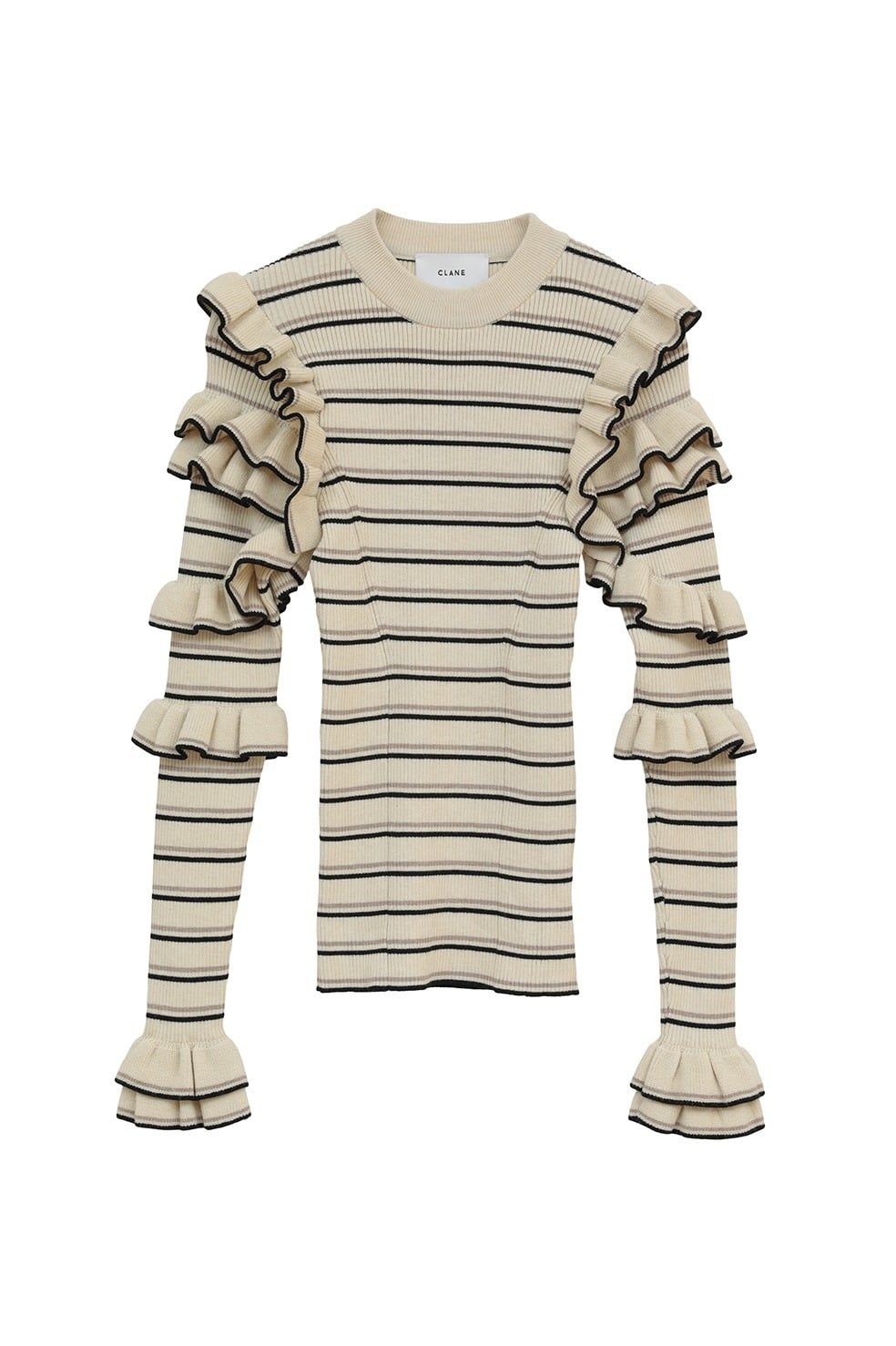 フリルスリーブニットトップス - FRILL SLEEVE KNIT TOPS (BORDER)