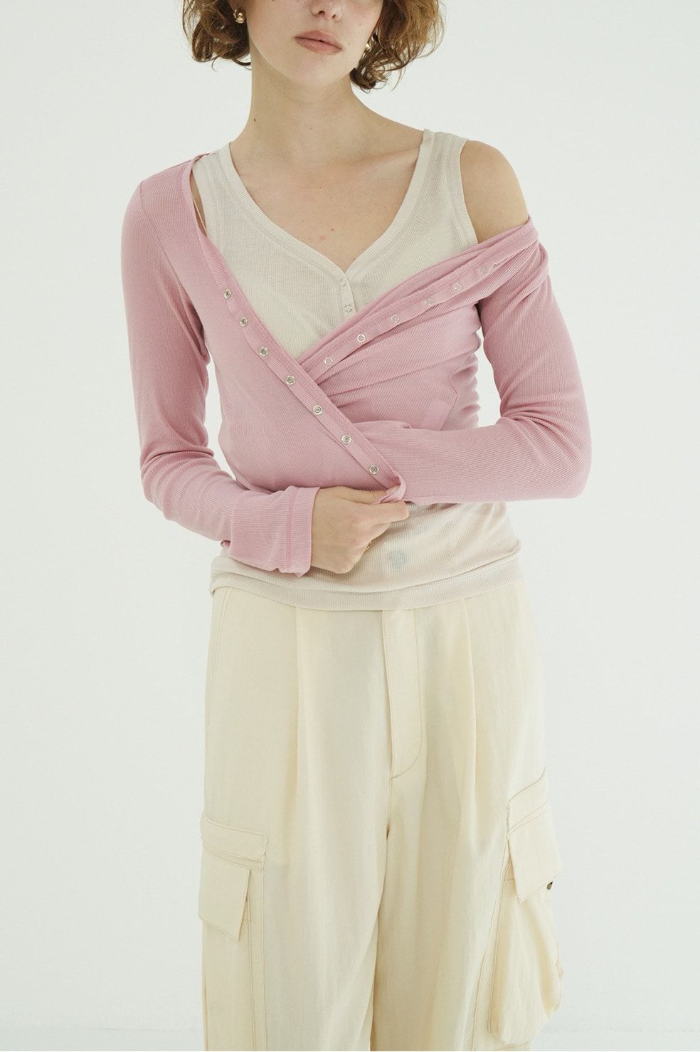 タンクトップ+カーディガン - CURVED NECK LAYERED SET TOPS （PINK）