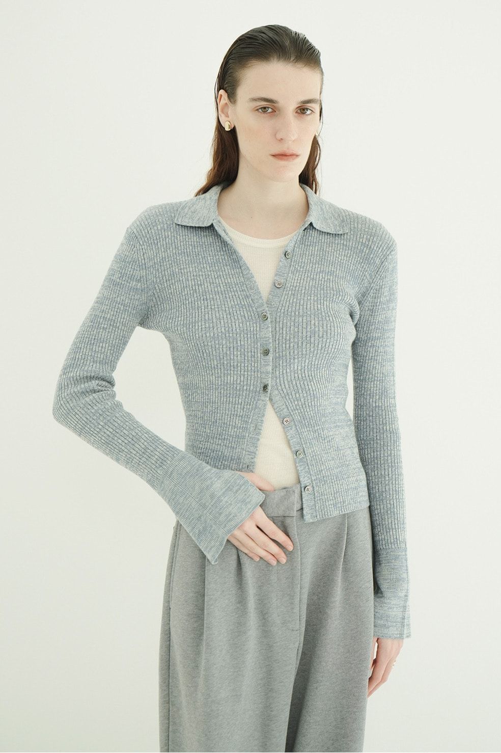 コンパクト ニットシャツ - COMPACT RIB KNIT SHIRTS (BLUE)