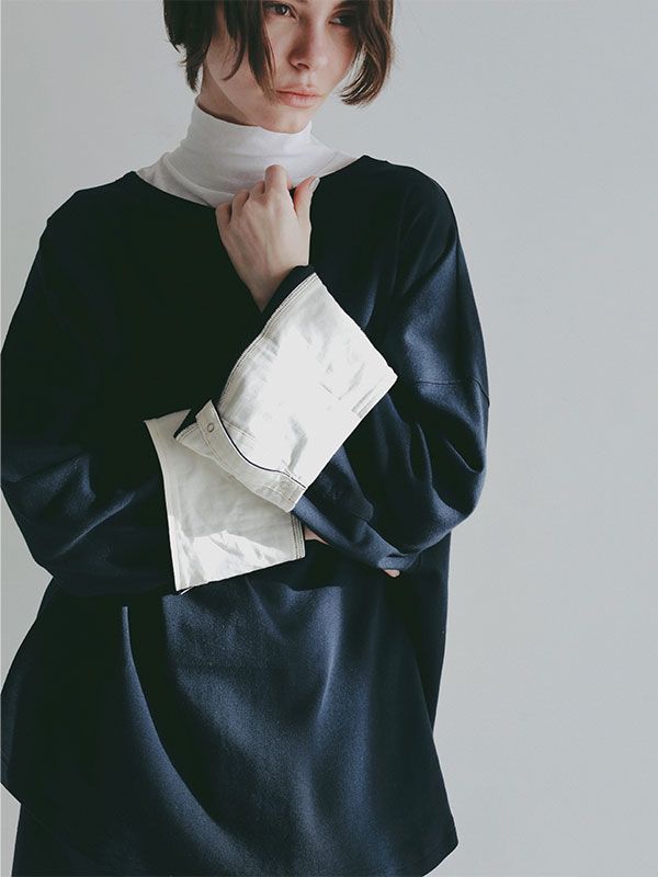ボートネックカフスロンTee  (NAVY）