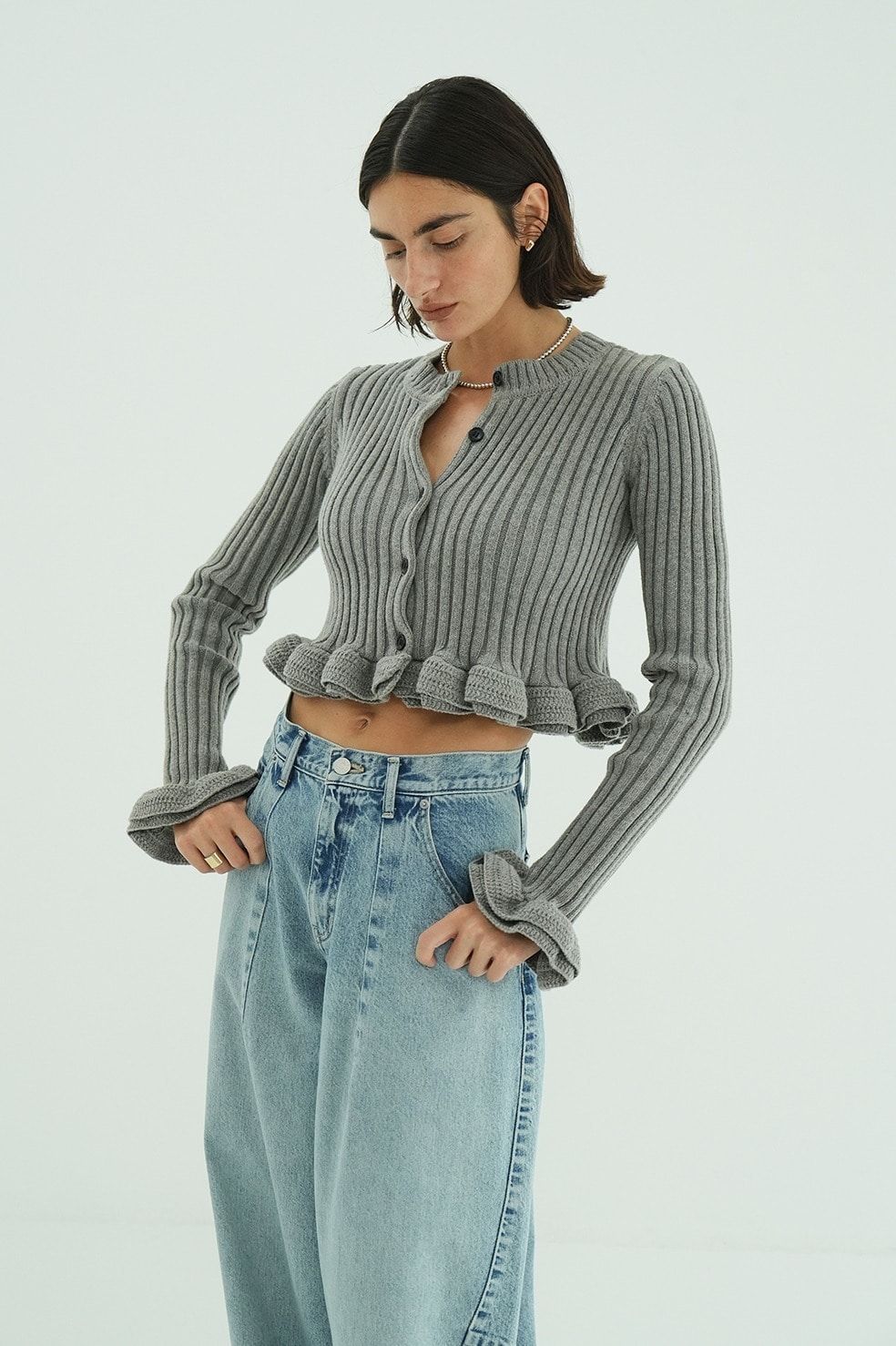 ダブルフェイス フリルド ニットトップス - W FACE SHORT FRILLED KNIT TOPS (GREY)