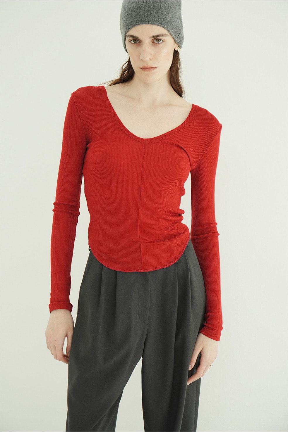 ウールリブカットソー - W FACE WOOL RIB TOPS（RED）