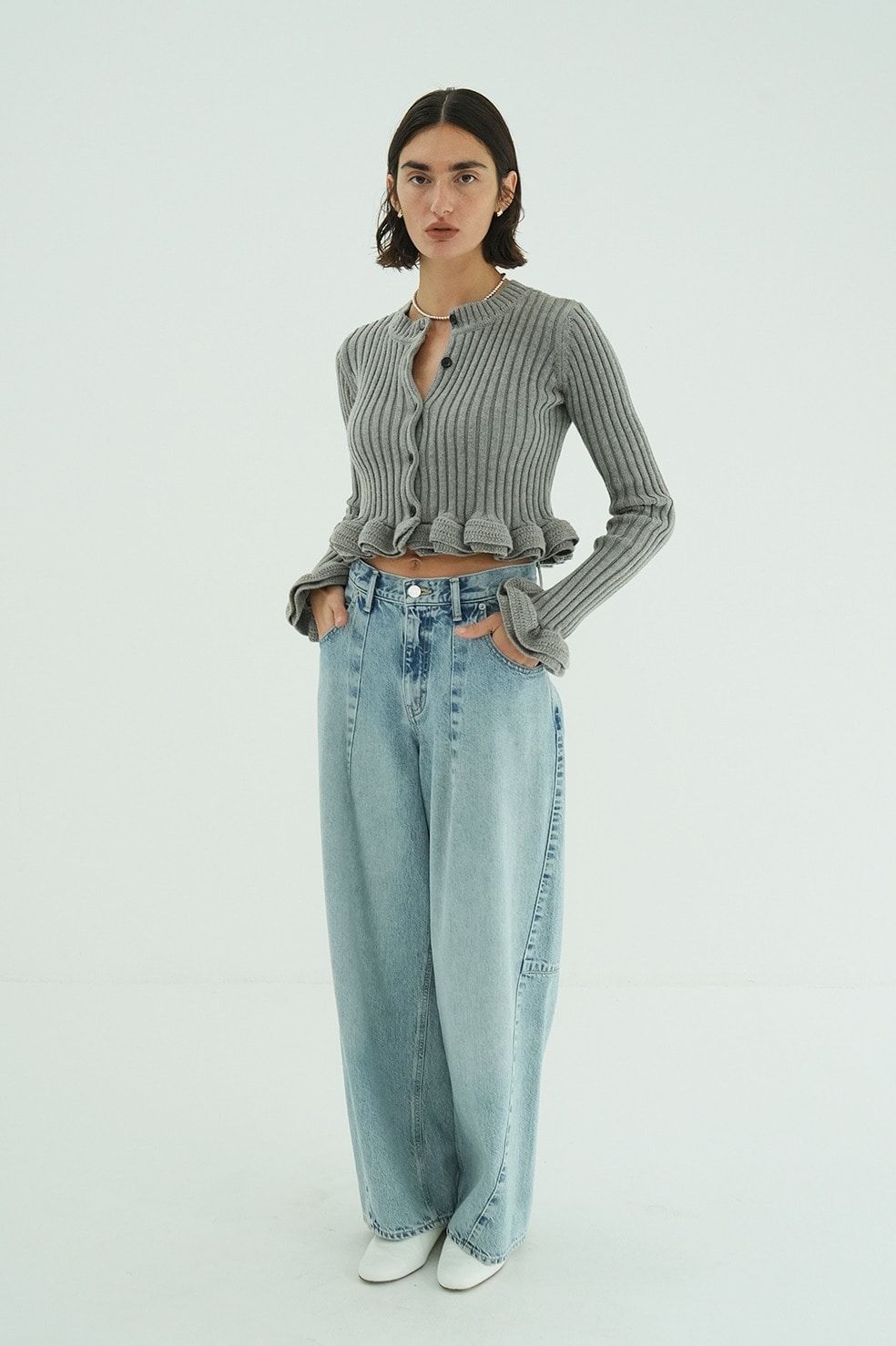 ダブルフェイス フリルド ニットトップス - W FACE SHORT FRILLED KNIT TOPS (GREY)