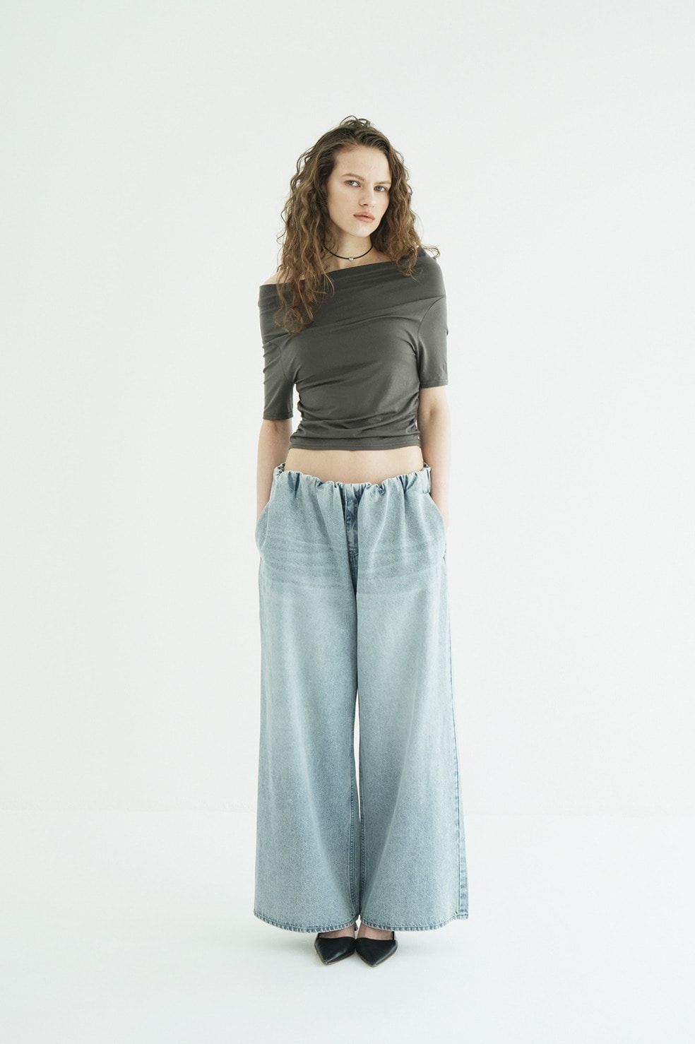 オフショルダートップス -  DRAPED OFF SHOULDER H/S TOPS(GREY)