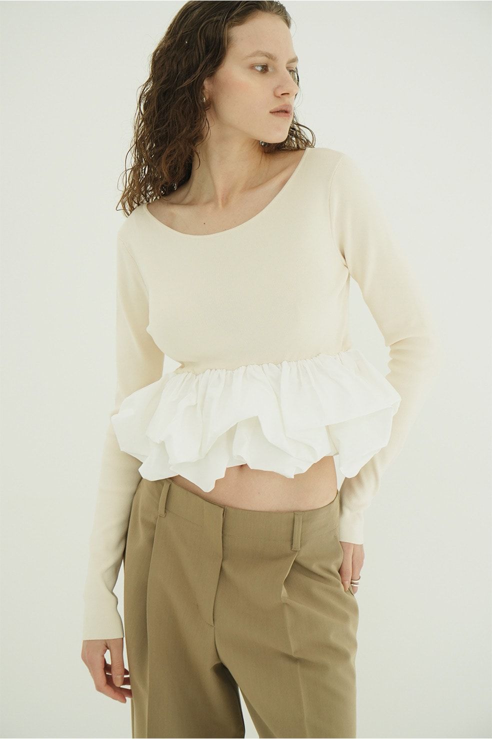 バルーン ショートニット トップス -  W BALLOON SHORT KNIT TOPS(IVORY)