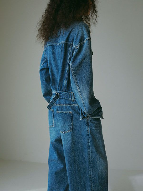 カットオフネックデニムオールインワン - BLUE