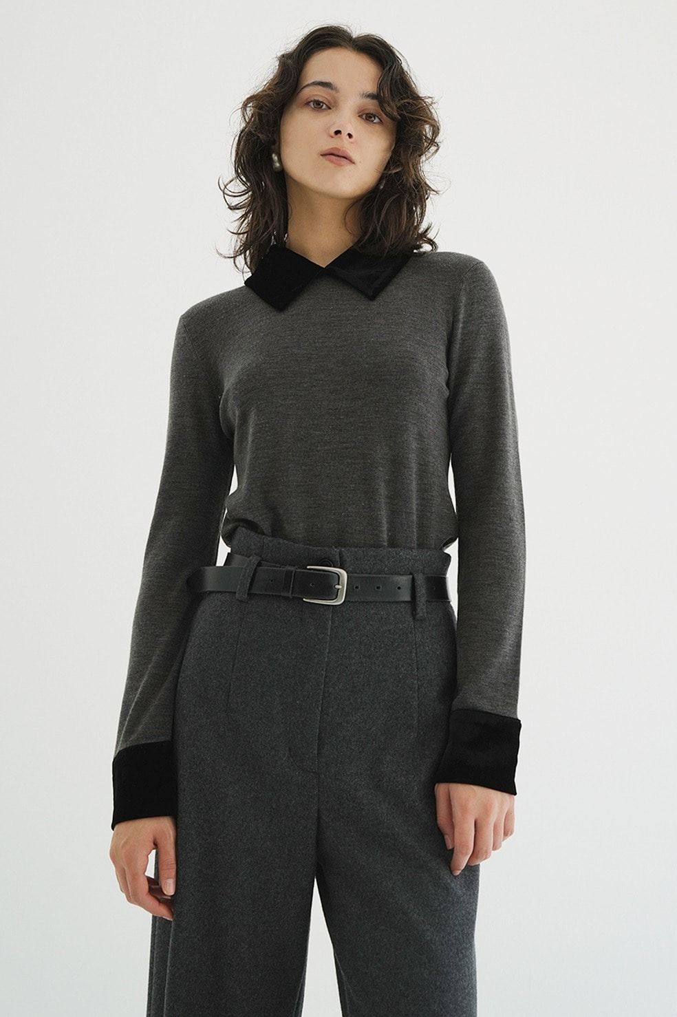 ベロアカラーニットトップス | VELOR COLLAR KNIT TOPS (GREY)