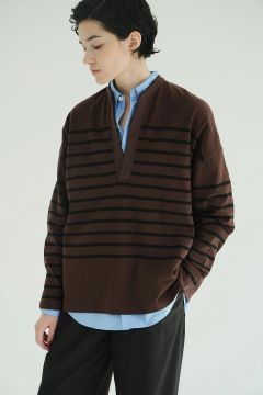 ヘンリーネックデザイントップス - WIDE HENRY NECK BORDER TOPS (BROWN)