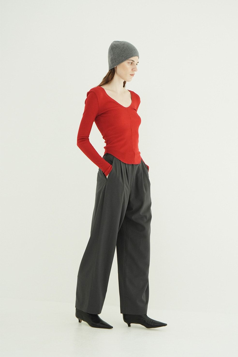 ウールリブカットソー - W FACE WOOL RIB TOPS（RED）