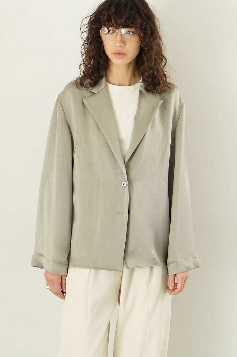 CLANE - TAILORED SATIN SHIRT - KHIKI - サテン テーラードシャツ 