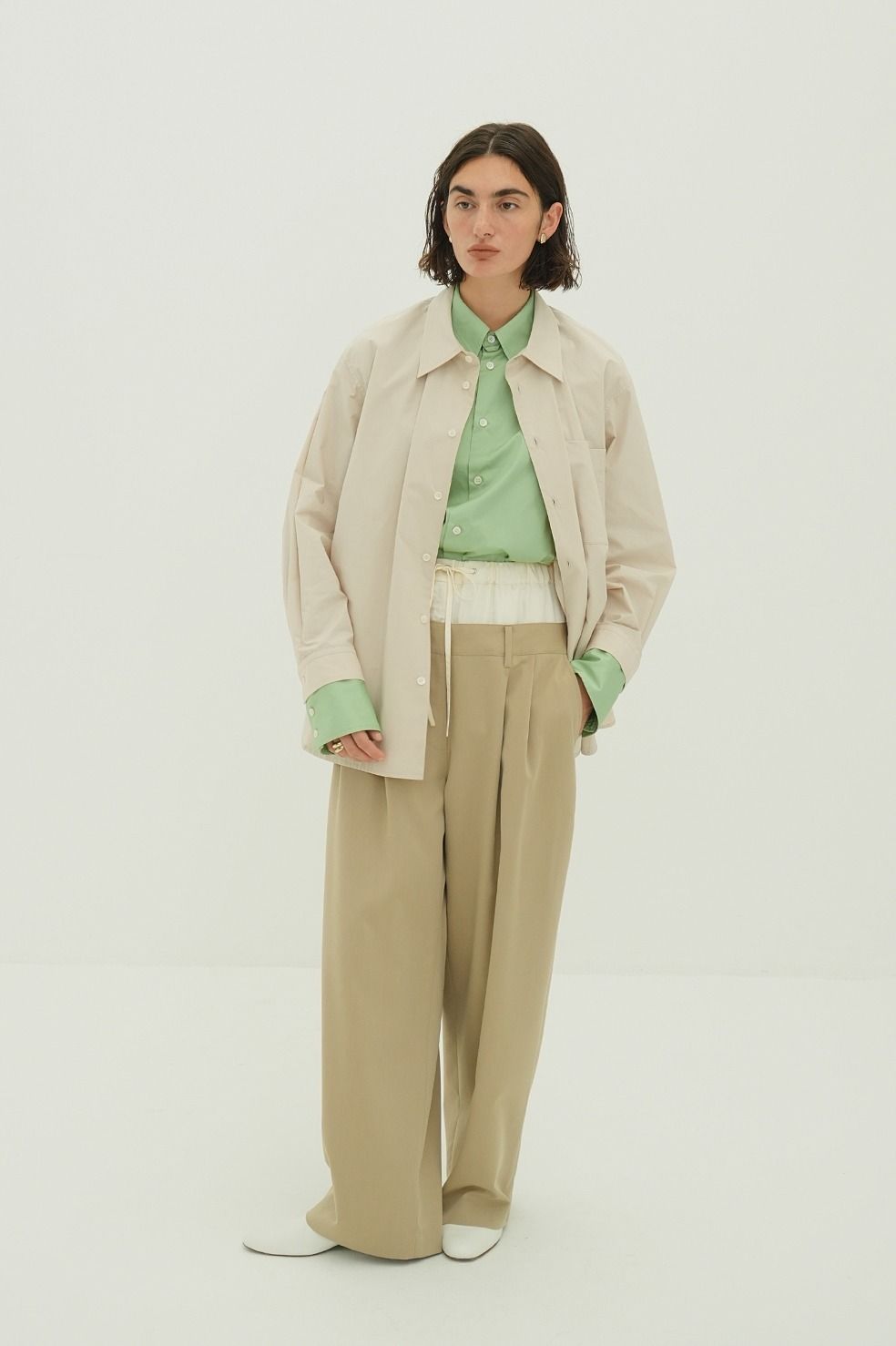 ダブルレイヤード スラックス - W WAIST WIDE SLACKS (BEIGE)