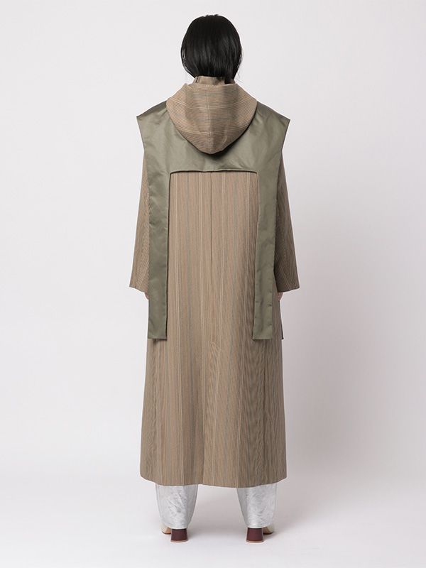 チェックフーデイーロングコート - KHAKI