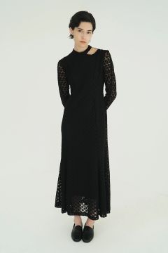 フラワーレースワンピース - 3D FLOWER LACE SLASH NECK ONEPIECE (BLACK)