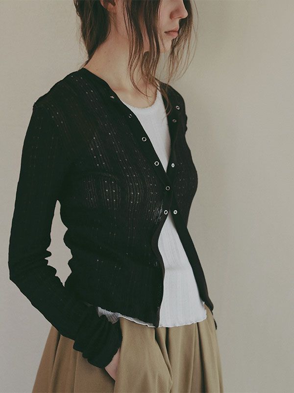 パターンスティッチシアーニットカーディガン （BROWN)