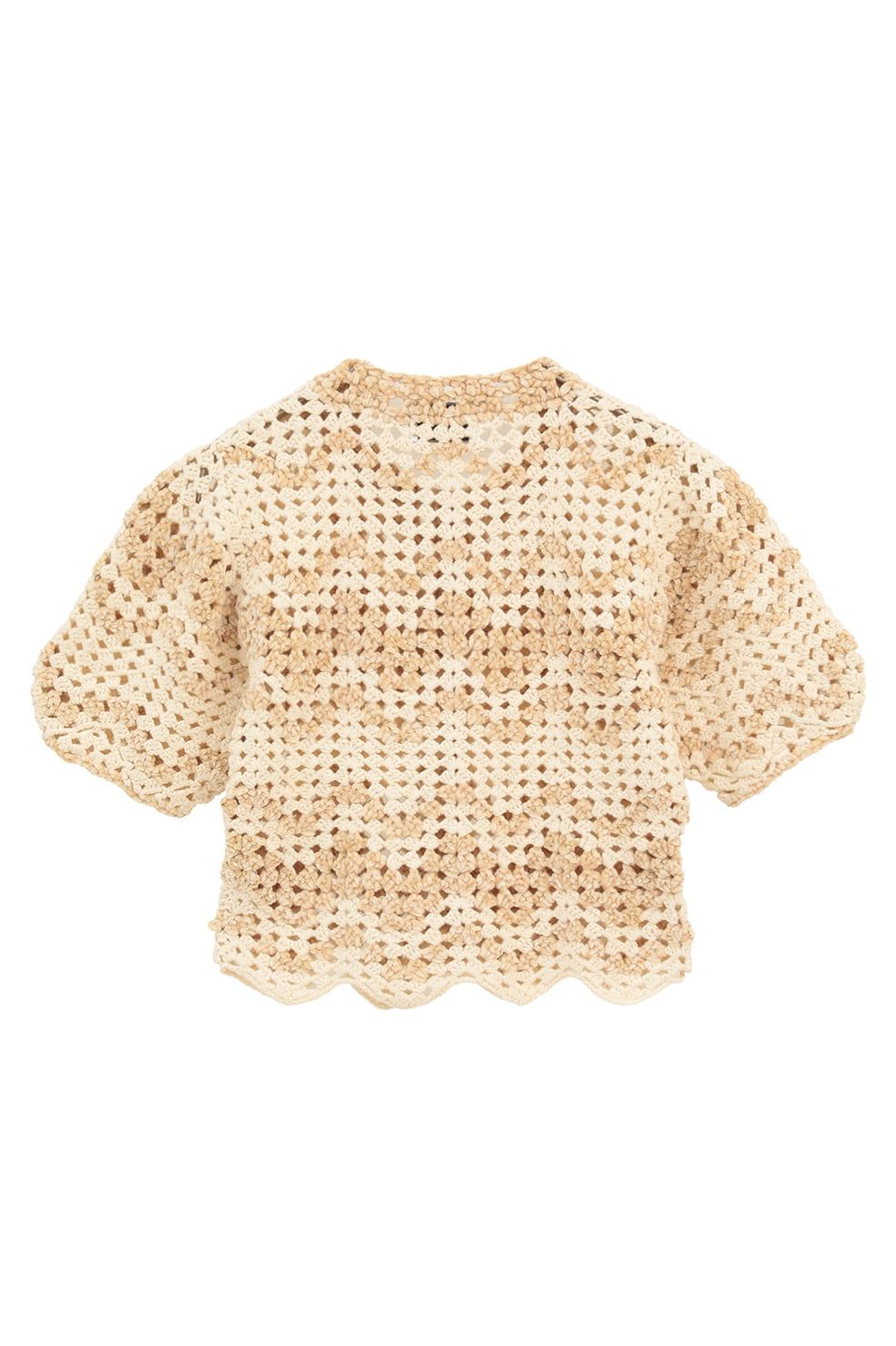 半袖ニットカーディガン - MALL BORDER HAND CROCHET KNIT CARDIGAN (BEIGE)