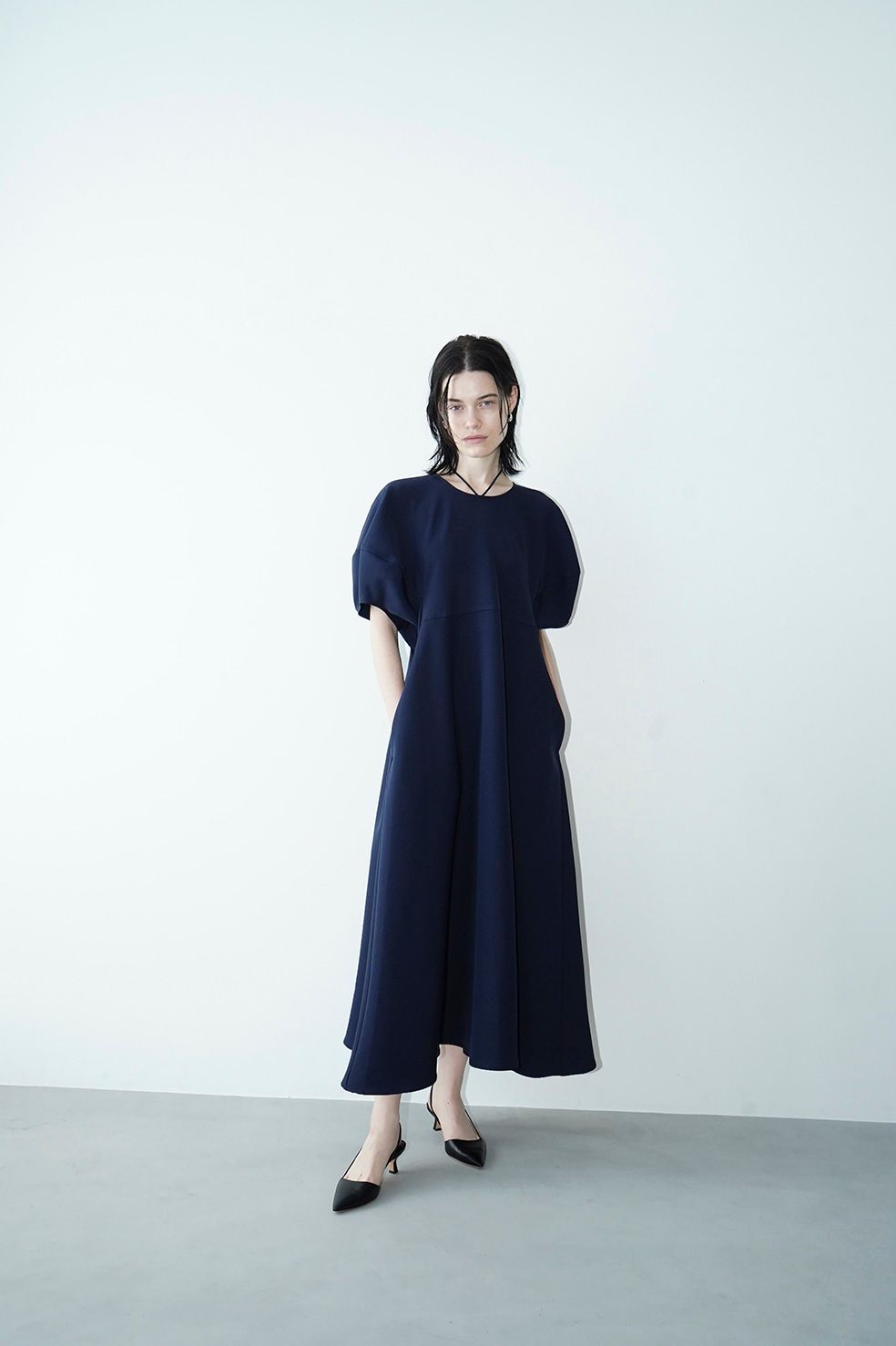 CLANE - NECK RIBBON LANTERN SLEEVE ONE PIECE - NAVY