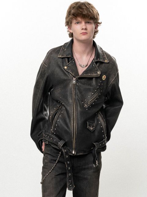 ディストレスド レザー スタッズド バイカー ジャケット - Distressed Leather Studded Biker Jacket (BLACK)