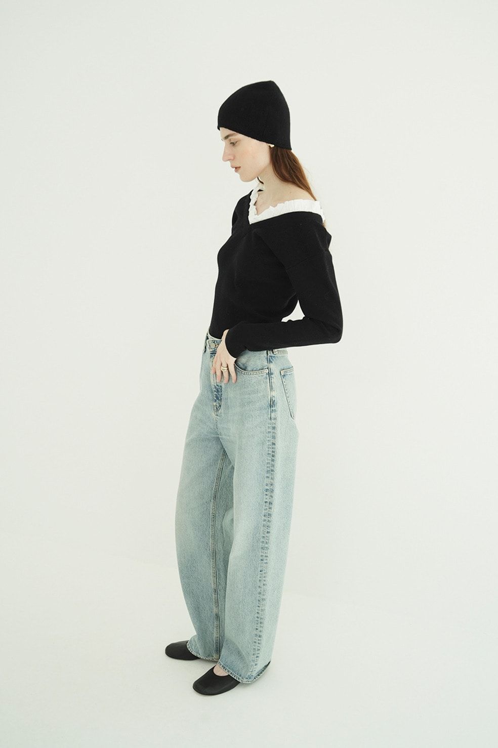 ツーウェイ フリルニットトップス - 2WAY FRILL V NECK KNIT TOPS (BLACK)
