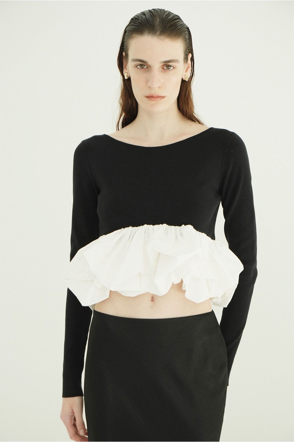 バルーン ショートニット トップス -  W BALLOON SHORT KNIT TOPS(BLACK)
