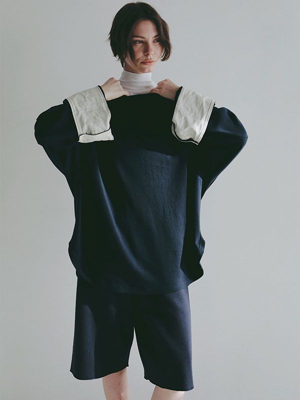 ボートネックカフスロンTee  (NAVY）