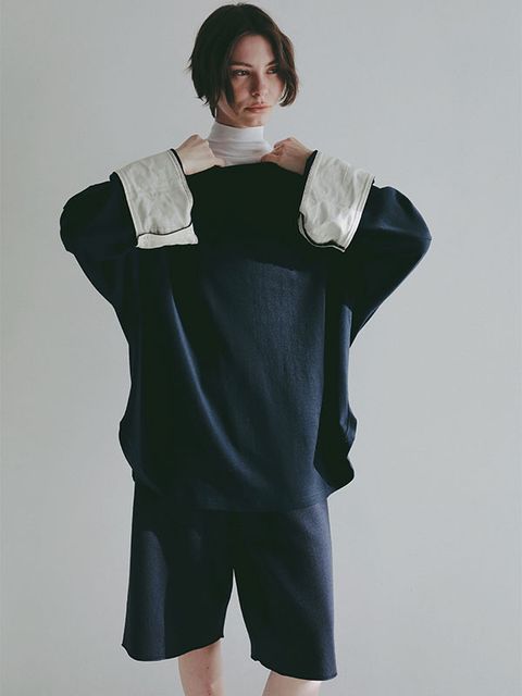 ボートネックカフスロンTee  (NAVY）