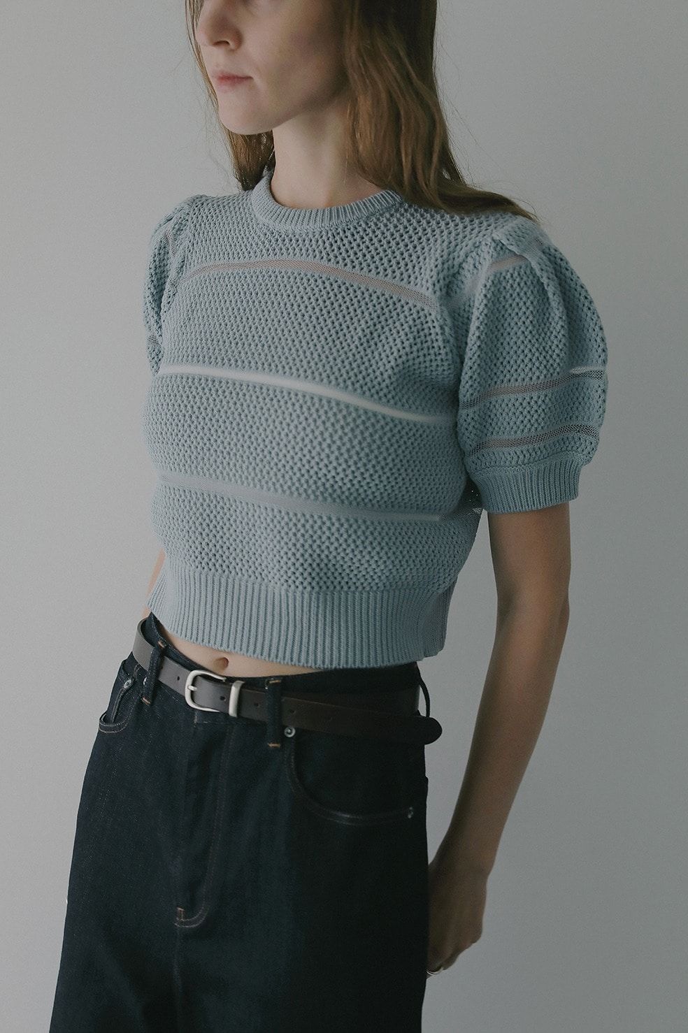 ショート丈ニットトップス - OPENWORK KNIT SHORT TOPS (BLUE)