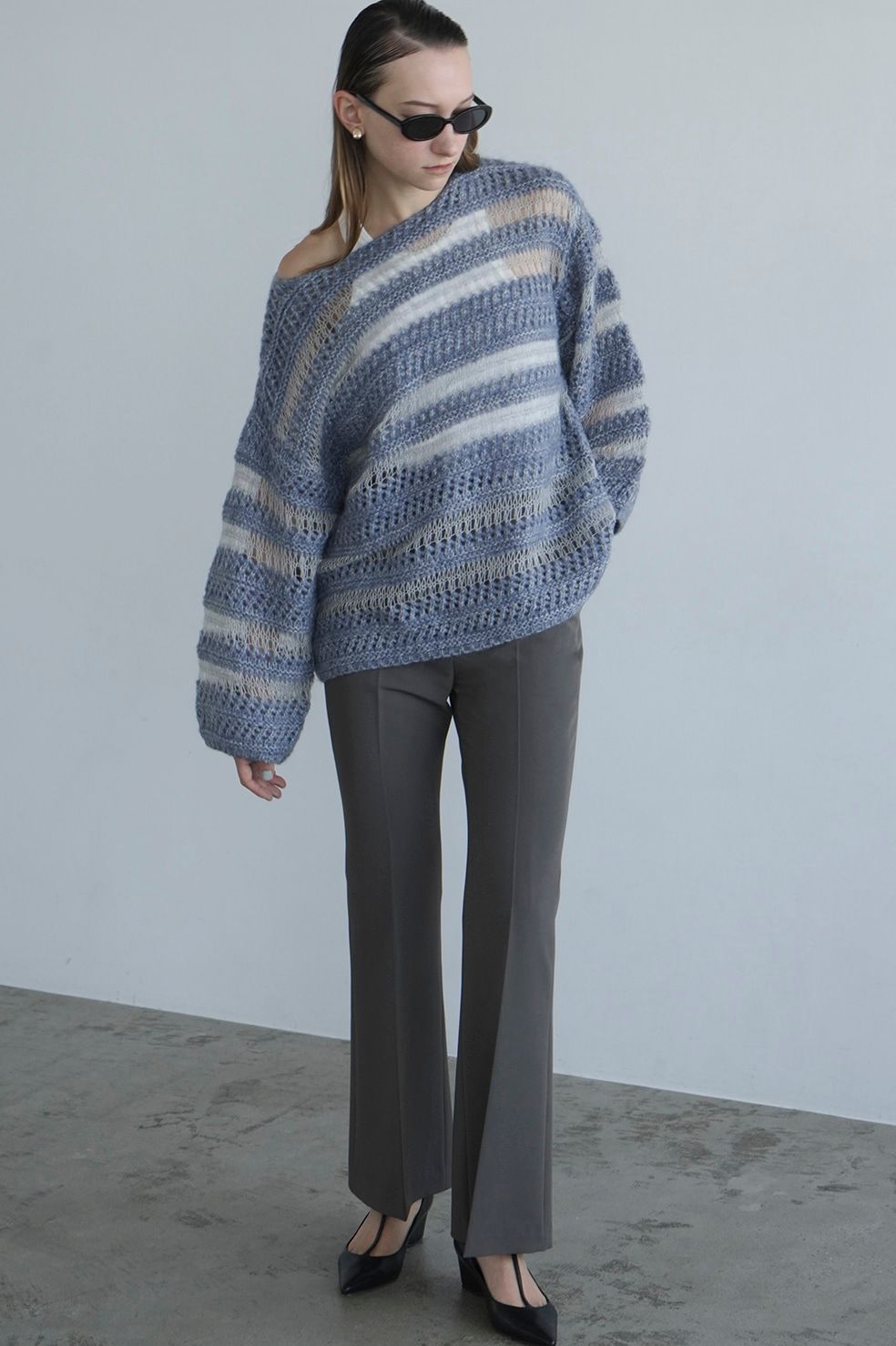 ボーダーニットトップス- SHEER BORDER MOHAIR KNIT - BLUE