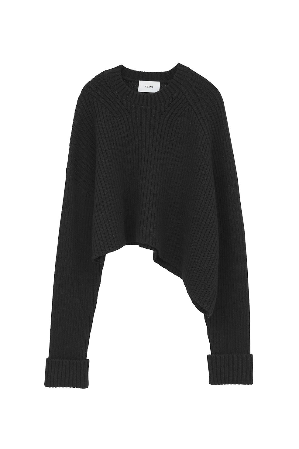 アシンメトリーショートニットトップス -  ASYMMETRY WIDE SHORT KNIT TOPS (BLACK)