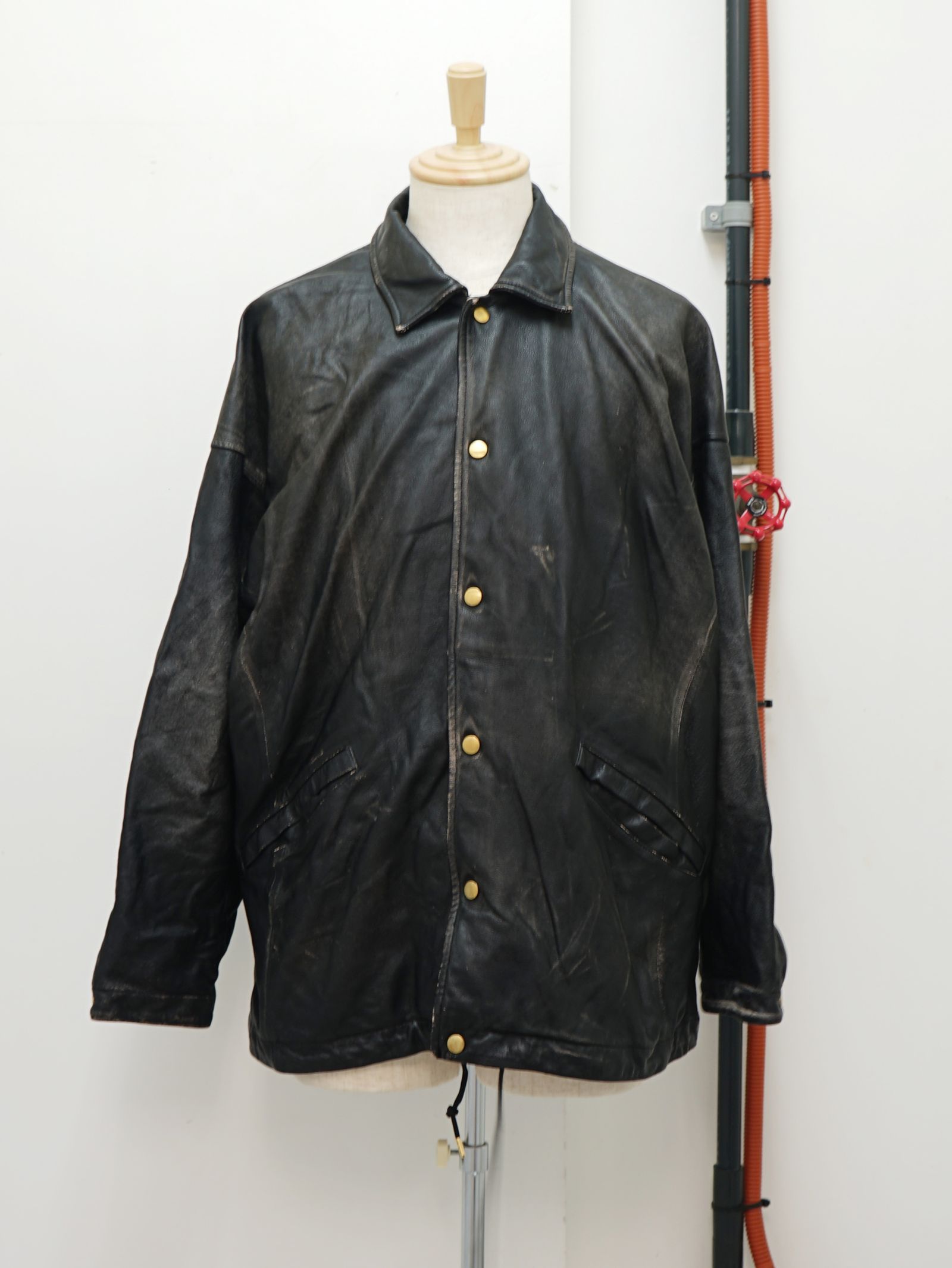 ディストレスドレザーコーチジャケット -  Distressed Leather Coach Jaket (BLACK)