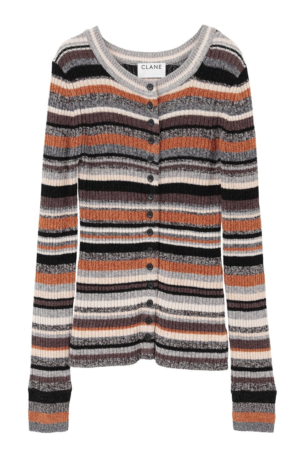 マルチボーダーニットカーディガン - MULTI BORDER BUTTON DETAIL KNIT CARDIGAN (ORANGE)