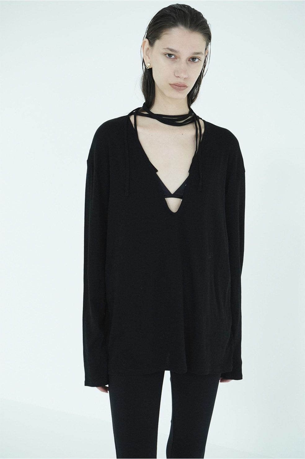 デザインリボンカットトップス - DRAWSTRING LOOSE CUT TOPS (BLACK)