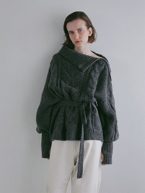 ハイネックケーブルニットプルオーバー （GREY)