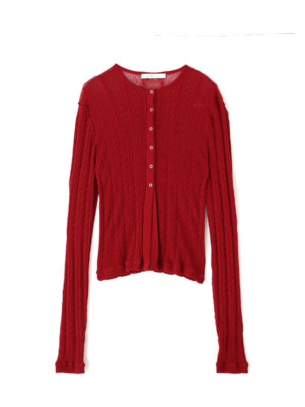 パターンスティッチシアーニットカーディガン （ BURGUNDY)