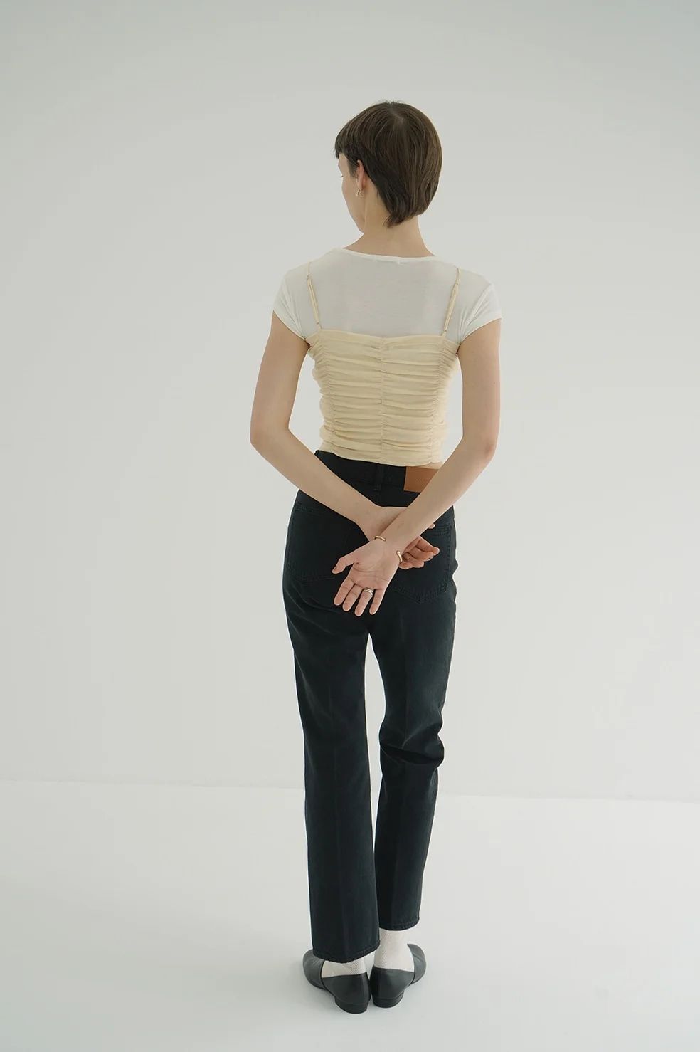CLANEアイボリーサイズ2 CLANE - SHIRRING CAMI TOPS IVORY - シャーリングキャミ