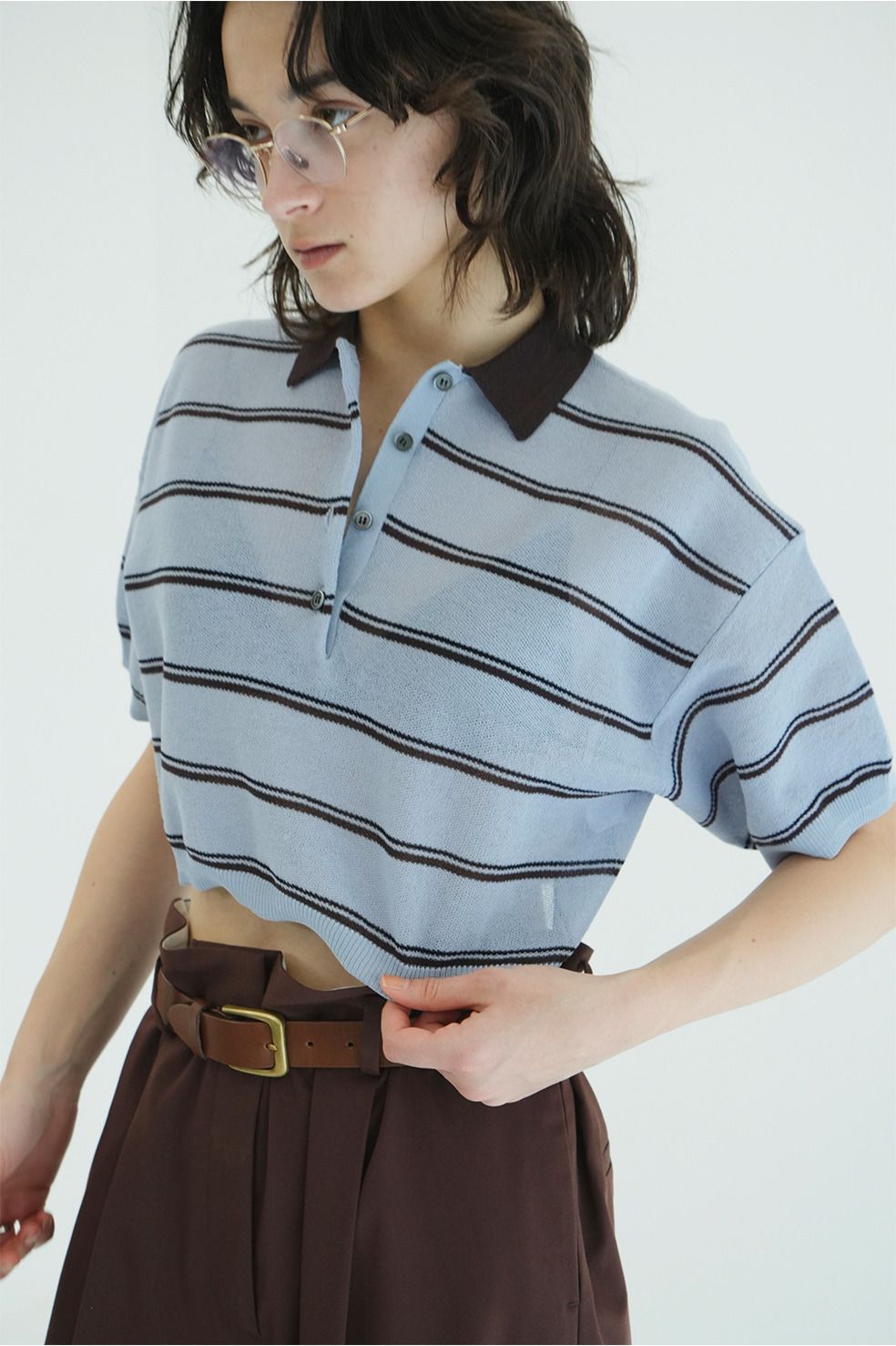 ボーダーポロトップス - SPONGY SHEER POLO KNIT TOPS (BLUE)