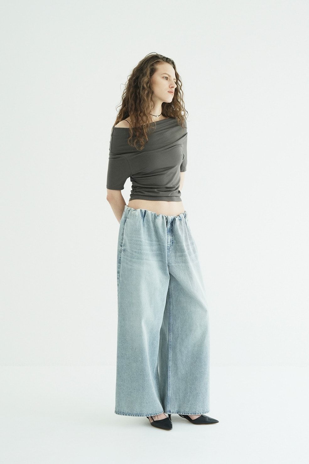 オフショルダートップス -  DRAPED OFF SHOULDER H/S TOPS(GREY)