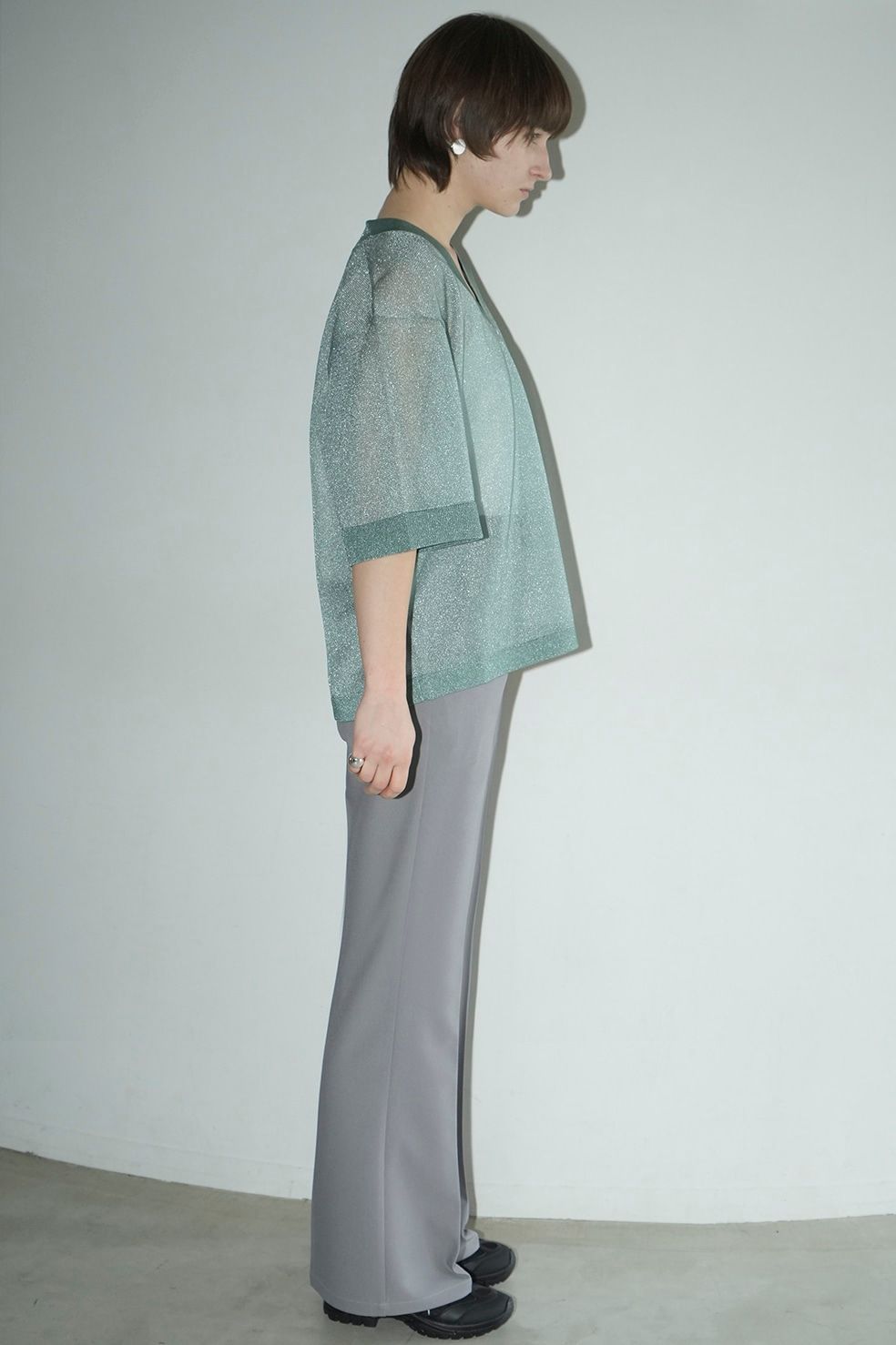 シアー ブイネック ニットトップス -  SHEER VNECK KNIT TOPS -GREEN
