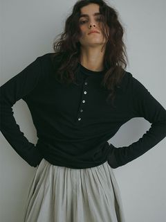 ヘンリーネックレイヤードセットロンTee - BLACK