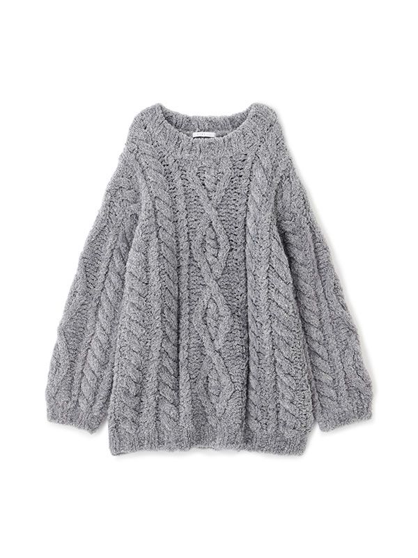 フェザーヤーンケーブルハンドニットプルオーバー - GREY