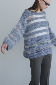 ボーダーニットトップス- SHEER BORDER MOHAIR KNIT - BLUE